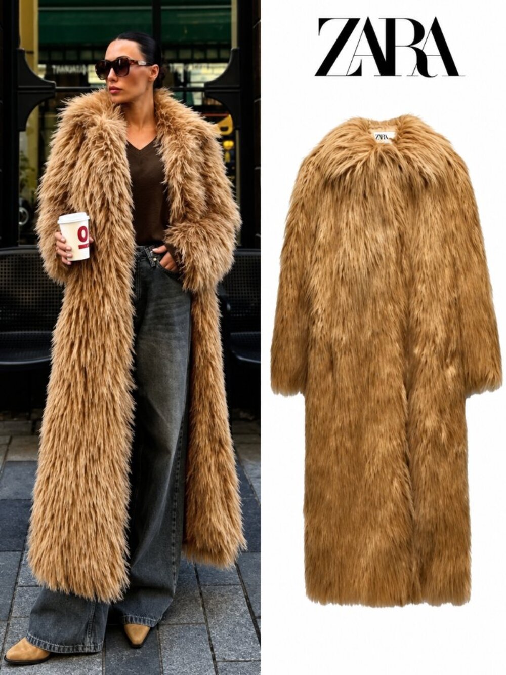💥SHOWSTOPPER!💥 LAXURIOUS ZARA LIMITED EDITION MAXI FAUX GOAT FUR COAT in BEIGE